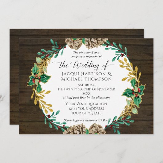 Rustic Gold kerstpine Cone Greenery Wedding Kaart (Voorkant / Achterkant)