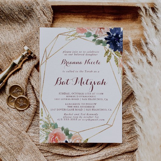 Rustic Gold Leaves Calligraphy Bat Mitzvah Kaart