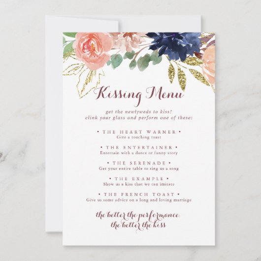 Rustic Gold Leaves Wedding Kissing Menu Game Kaart (Voorkant)