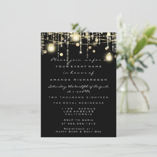 Rustic Gold Lights Jar Black Rozen Weddenschap Kaart (Staand voorkant)