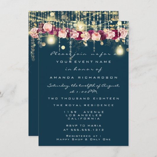 Rustic Gold Lights Jar Navy Rozen Weddenschap Kaart (Voorkant / Achterkant)