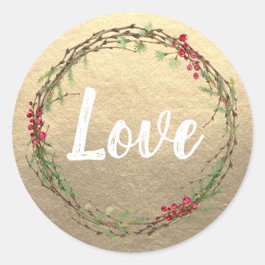 Rustic Gold Love Christmas Wreath Ronde Sticker (Voorkant)