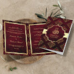 Rustic Gold Maroon Red Damask Muslim Wedding<br><div class="desc">Verrijk je gasten met deze elegante gevouwen bruiloft-uitnodiging met faux gouden folie accenten en een prachtig demaspatroon met 'Bismillah' in Arabische kalligrafie. Voeg eenvoudig uw gebeurtenisdetails op deze makkelijk te gebruiken sjabloon toe om het één-van-een-soort uitnodiging te maken.</div>