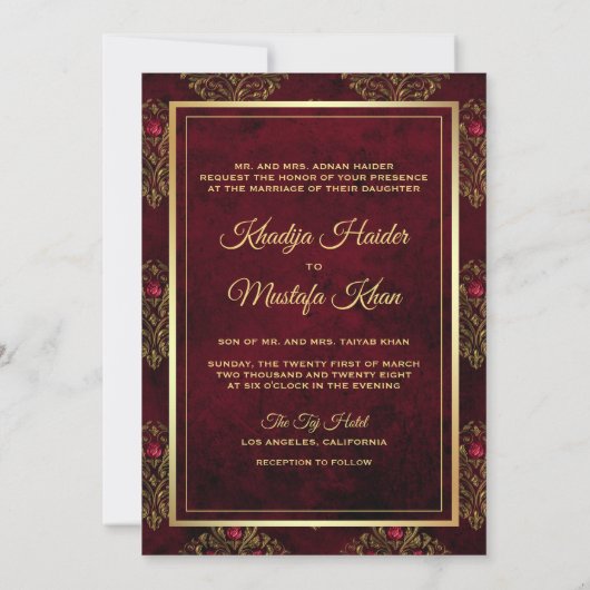Rustic Gold Maroon Red Damask Muslim Wedding Kaart (Achterkant)