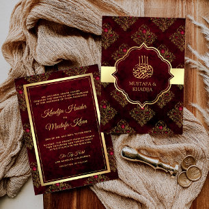 Rustic Gold Maroon Red Damask Muslim Wedding Kaart