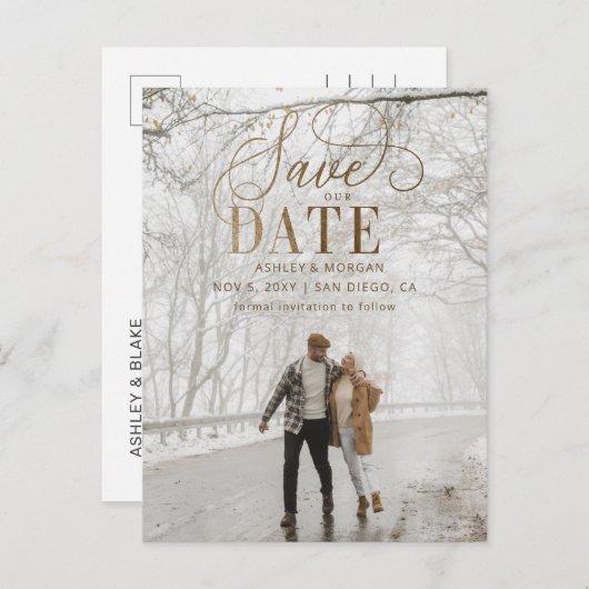 Rustic Gold Modern Minimalist Photo Save the Date Aankondigingskaart (Voorkant / Achterkant)