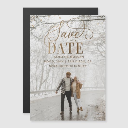 Rustic Gold Modern Minimalist Photo Save the Date Magnetische Uitnodiging (Voorkant / Achterkant)