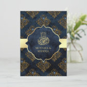 Rustic Gold Navy Blue Damask Muslim Wedding Kaart (Staand voorkant)