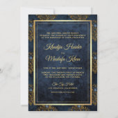 Rustic Gold Navy Blue Damask Muslim Wedding Kaart (Achterkant)