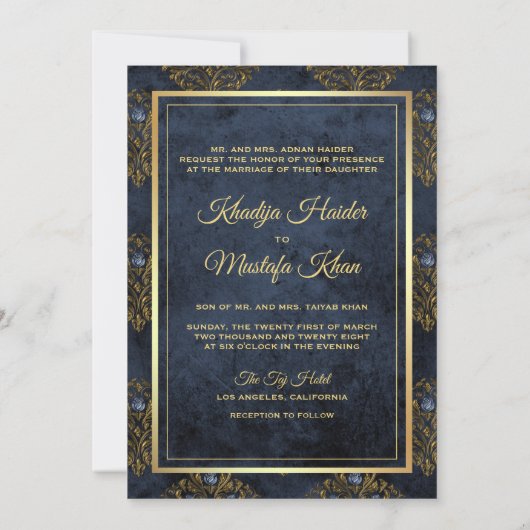 Rustic Gold Navy Blue Damask Muslim Wedding Kaart (Achterkant)