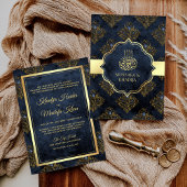 Rustic Gold Navy Blue Damask Muslim Wedding Kaart