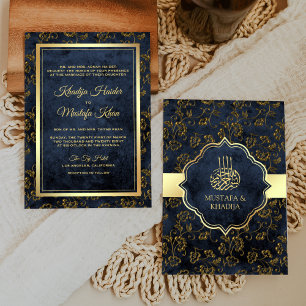 Rustic Gold Navy Blue Filigree Muslim Wedding Kaart