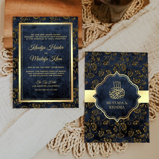 Rustic Gold Navy Blue Filigree Muslim Wedding Kaart