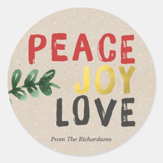 Rustic Gold Peace Joy and Love Kerst sticker (Voorkant)