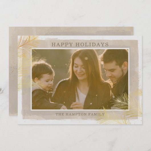 Rustic  Gold Pine Branches Foto Feestdagenkaart (Voorkant / Achterkant)