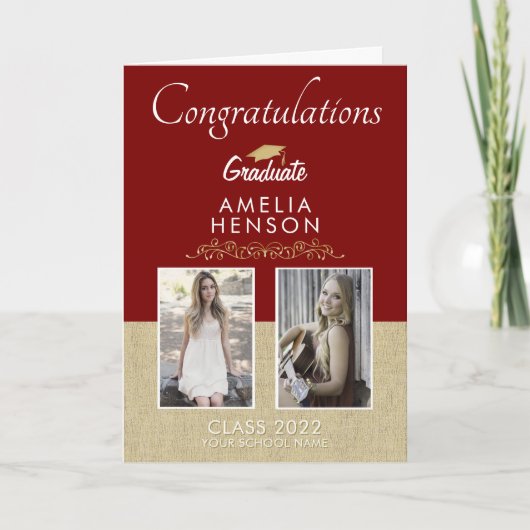 Rustic Gold Red Afstuderen 2 Foto Afstuderen Kaart (Voorkant)