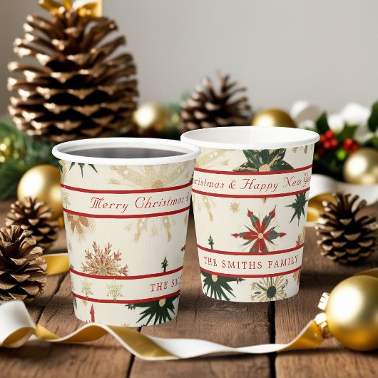  Rustic Gold & Red Snowflakes patroon Papieren Bekers