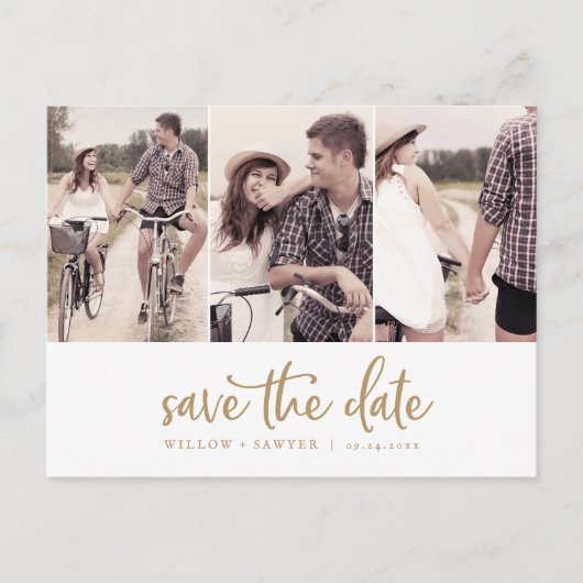 Rustic Gold Script 3 Foto slaat de datum op Uitnodiging Briefkaart (Voorkant)