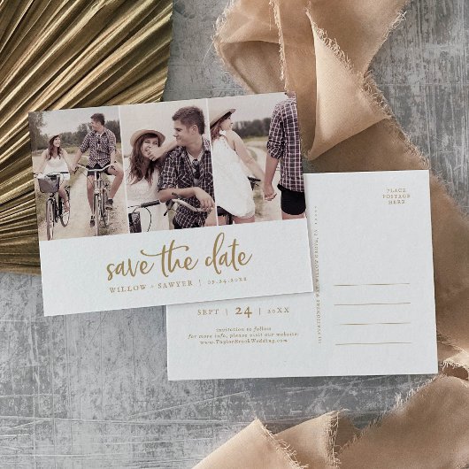 Rustic Gold Script 3 Foto slaat de datum op Uitnodiging Briefkaart