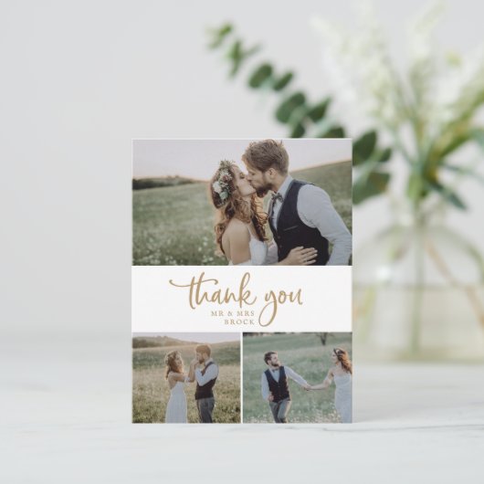 Rustic Gold Script 3 Photo Collage Wedding Bedankkaart (Staand voorkant)