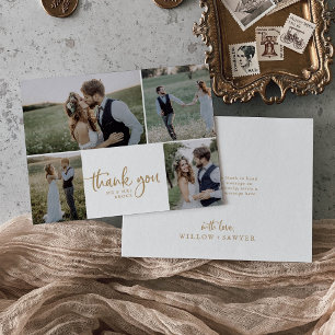 Rustic Gold Script 4 Photo Collage Wedding Bedankkaart