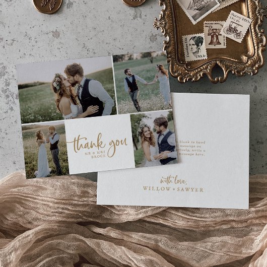 Rustic Gold Script 4 Photo Collage Wedding Bedankkaart