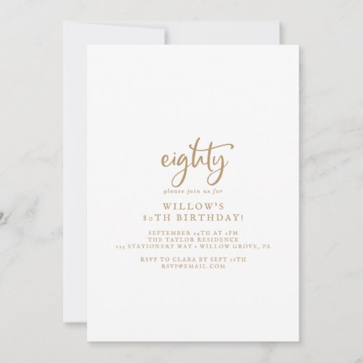 Rustic Gold Script 80th Birthday Party Invitation Kaart (Voorkant)