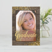 Rustic Gold Script Glitter Foto Afstuderen Aankondiging (Staand voorkant)