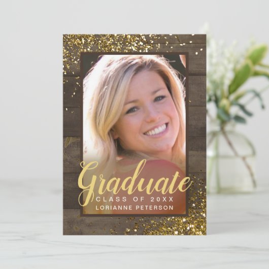 Rustic Gold Script Glitter Foto Afstuderen Aankondiging (Staand voorkant)