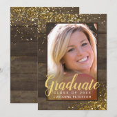 Rustic Gold Script Glitter Foto Afstuderen Aankondiging (Voorkant / Achterkant)
