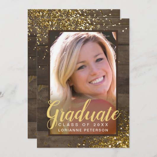 Rustic Gold Script Glitter Foto Afstuderen Aankondiging (Voorkant / Achterkant)