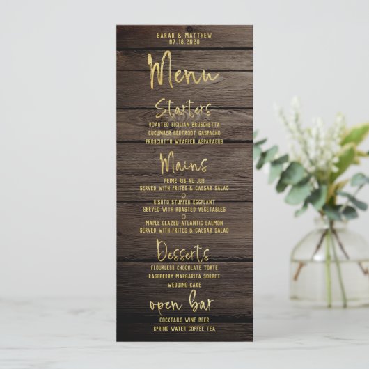 Rustic Gold Script Kalligrafie Classic Wedding Menu (Staand voorkant)