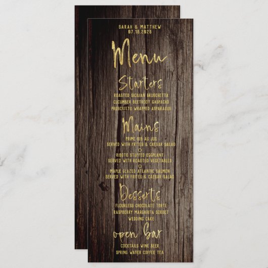Rustic Gold Script Kalligrafie Classic Wedding Menu (Voorkant / Achterkant)