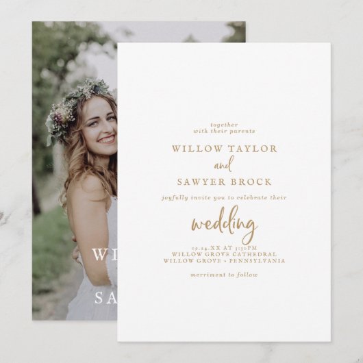 Rustic Gold Script Photo Wedding Kaart (Voorkant / Achterkant)
