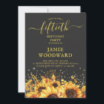 Rustic Gold Sunflower 50th Birthday Party Kaart<br><div class="desc">Duw gele gouden waterverf zonnebloemen op een zwarte achtergrond met goudglitter en een roestachtig antiek lettertype. Vet goud op zwart contrast.</div>