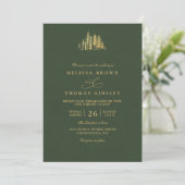 Rustic Gold Trees Pine Minimalist QR Code Wedding  Kaart (Staand voorkant)