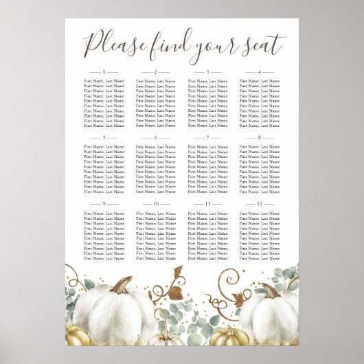 Rustic Gold White Pumpkins Wedding Seding Chart Poster (Voorkant)