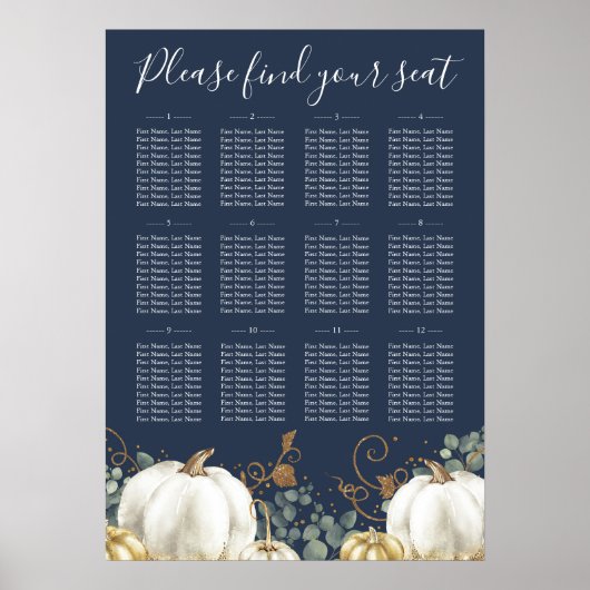 Rustic Gold White Pumpkins Wedding Seding Chart Poster (Voorkant)