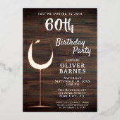 Rustic Gold Wine Glass Wood 60e verjaardag Folie Uitnodiging (Voorkant)