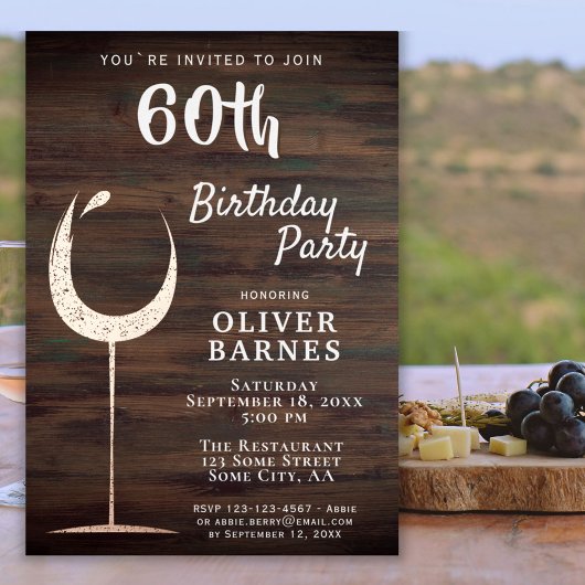 Rustic Gold Wine Glass Wood 60e verjaardag Folie Uitnodiging
