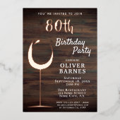 Rustic Gold Wine Glass Wood 80e verjaardag Folie Uitnodiging (Voorkant)