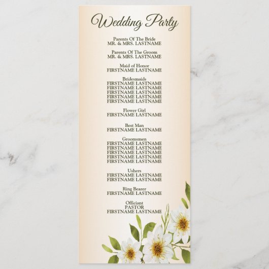 Rustic Golden Frame White Floral Peach Wedding Programmakaart (Achterkant)