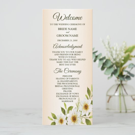 Rustic Golden Frame White Floral Peach Wedding Programmakaart (Staand voorkant)