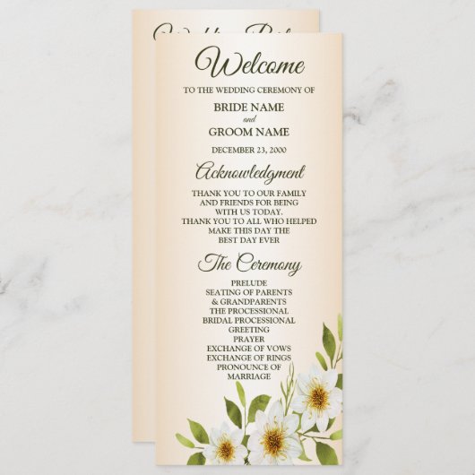 Rustic Golden Frame White Floral Peach Wedding Programmakaart (Voorkant / Achterkant)