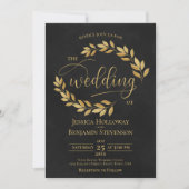 Rustic Golden Leaves Elegant Black Wedding Kaart (Voorkant)