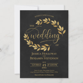Rustic Golden Leaves Elegant Black Wedding Kaart