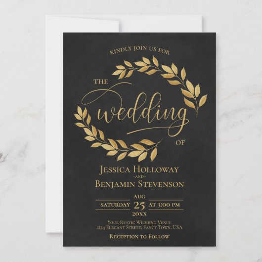 Rustic Golden Leaves Elegant Black Wedding Kaart (Voorkant)