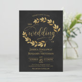 Rustic Golden Leaves Elegant Black Wedding Kaart (Staand voorkant)