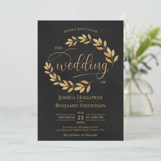 Rustic Golden Leaves Elegant Black Wedding Kaart (Staand voorkant)