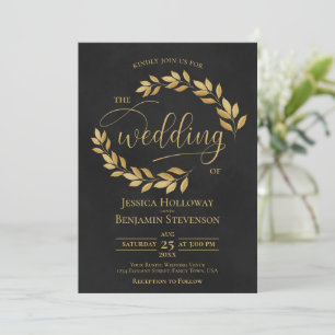 Rustic Golden Leaves Elegant Black Wedding Kaart